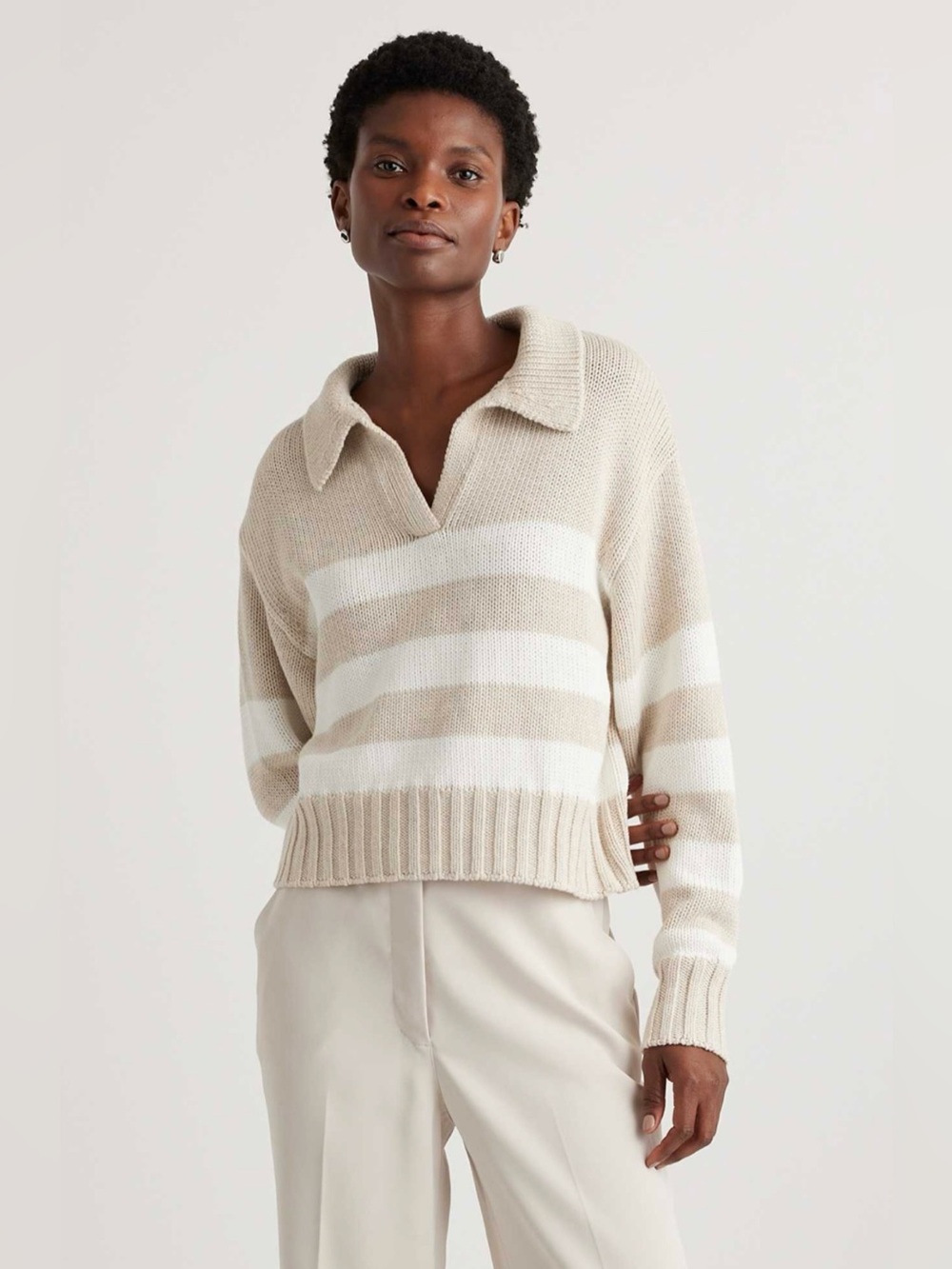 Quince 100% Organic Cropped Cotton Polo Sweater-Beige/Ivory